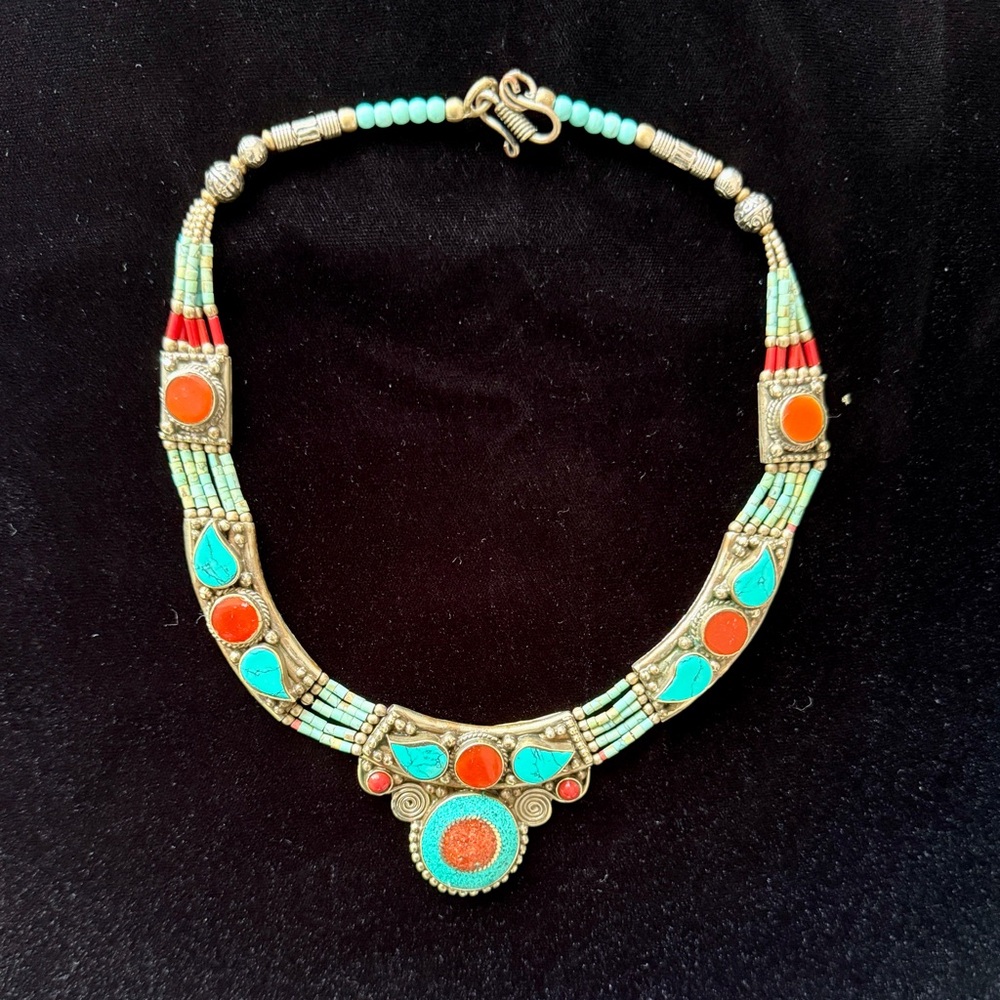 Turquoise and Red Beaded Necklace